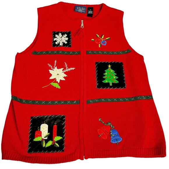 Christmas Sweater Vest Petite Women's sz Large Red Zipper Tree Poinsettia Snow - Picture 1 of 12